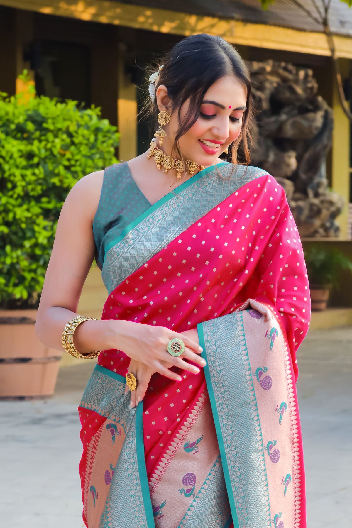 MySilkLove French Pink and Blue Banarasi Paithani Silk Saree