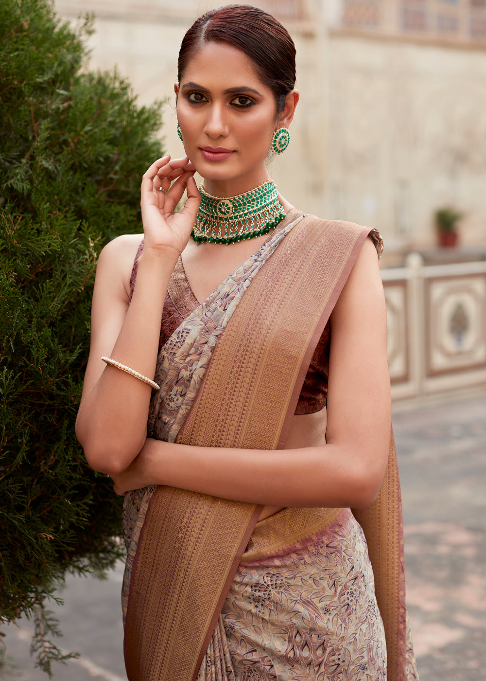 Buy MySilkLove Chocolate Brown Banarasi Digital Printed Silk Saree Online