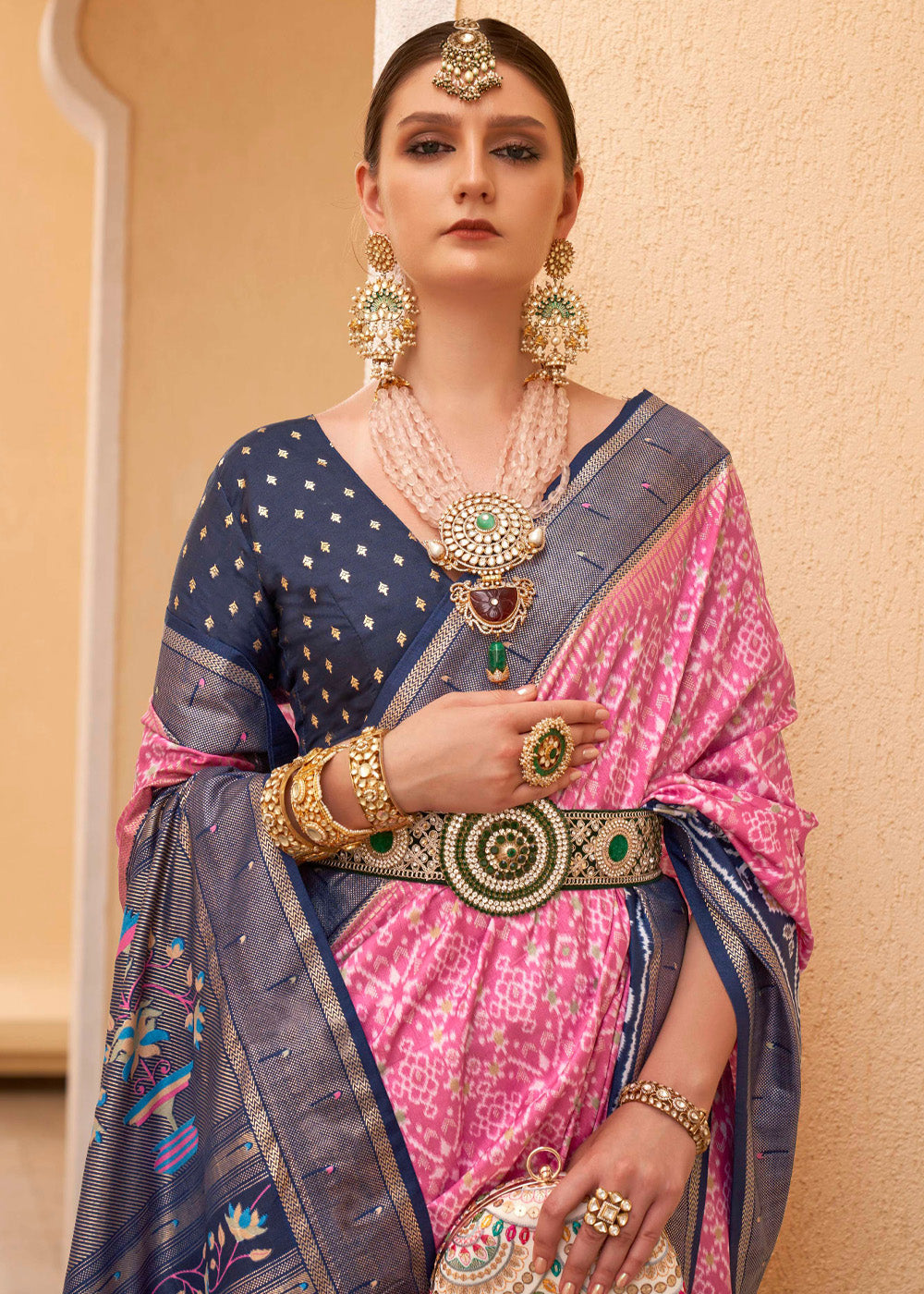 Buy MySilkLove Cotton Candy Pink and Blue Printed Patola Soft Silk Saree Online