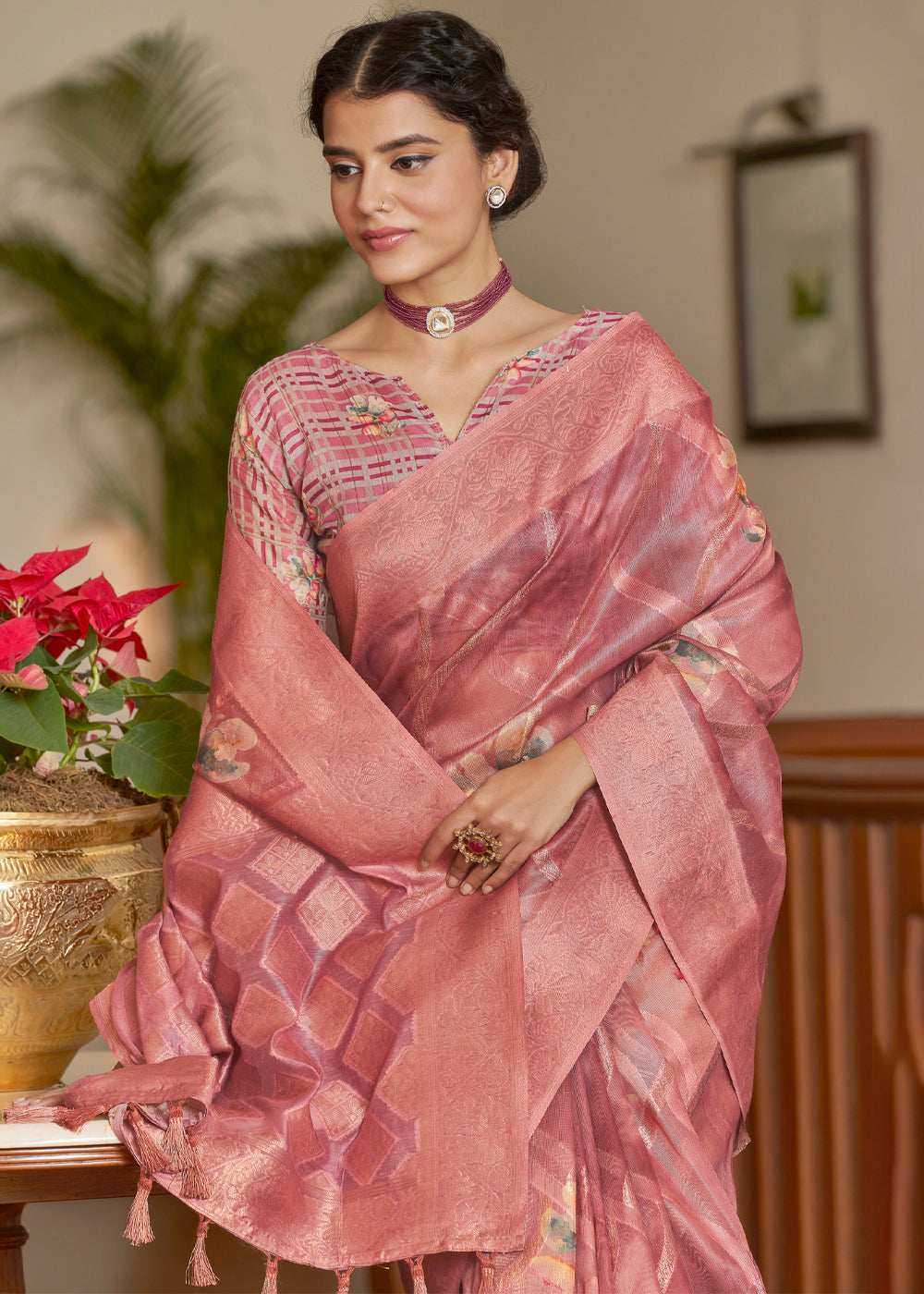 MySilkLove Chestnut Pink Woven Banarasi Tissue Organza Silk Saree