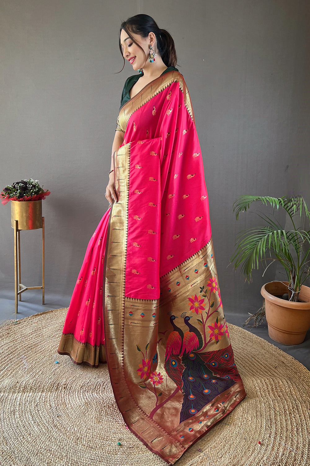 Buy MySilkLove Scarlet Pink Zari Woven Paithani Saree Online