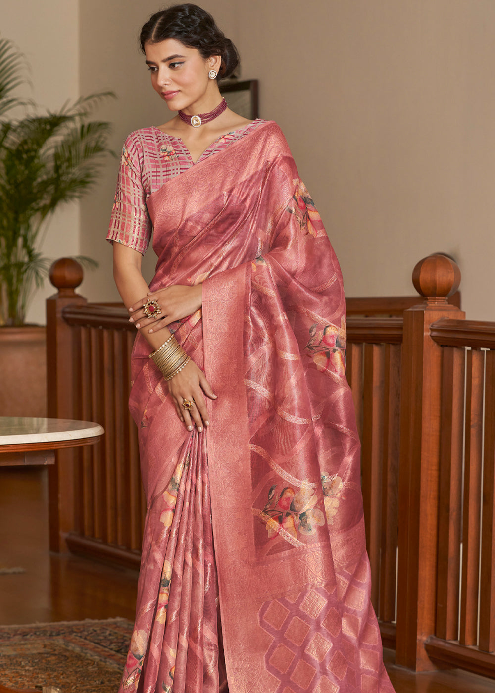Buy MySilkLove Chestnut Pink Woven Banarasi Tissue Organza Silk Saree Online