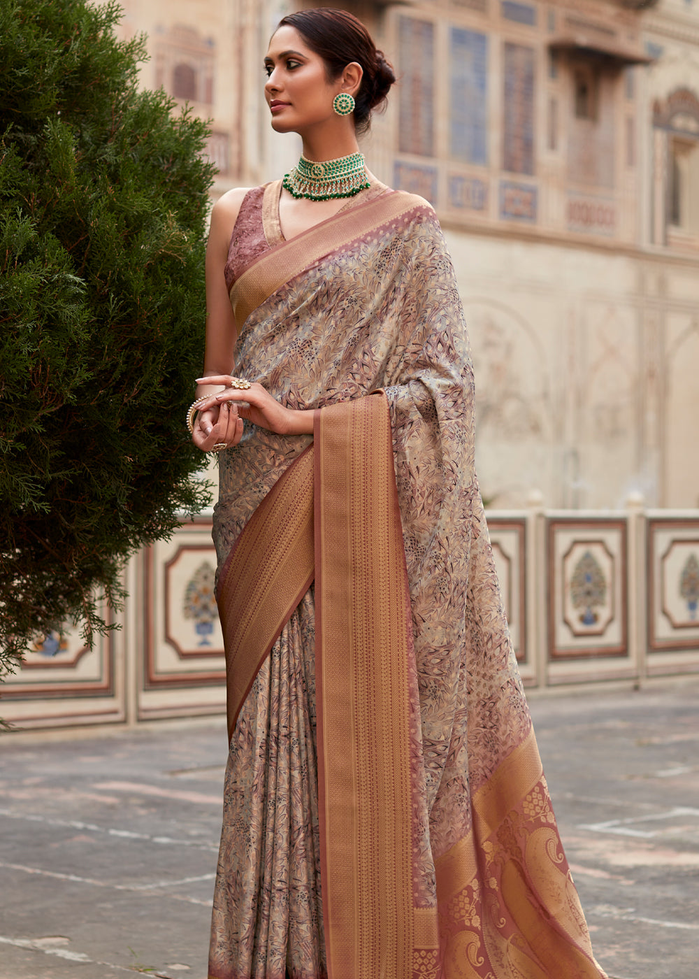 Buy MySilkLove Chocolate Brown Banarasi Digital Printed Silk Saree Online