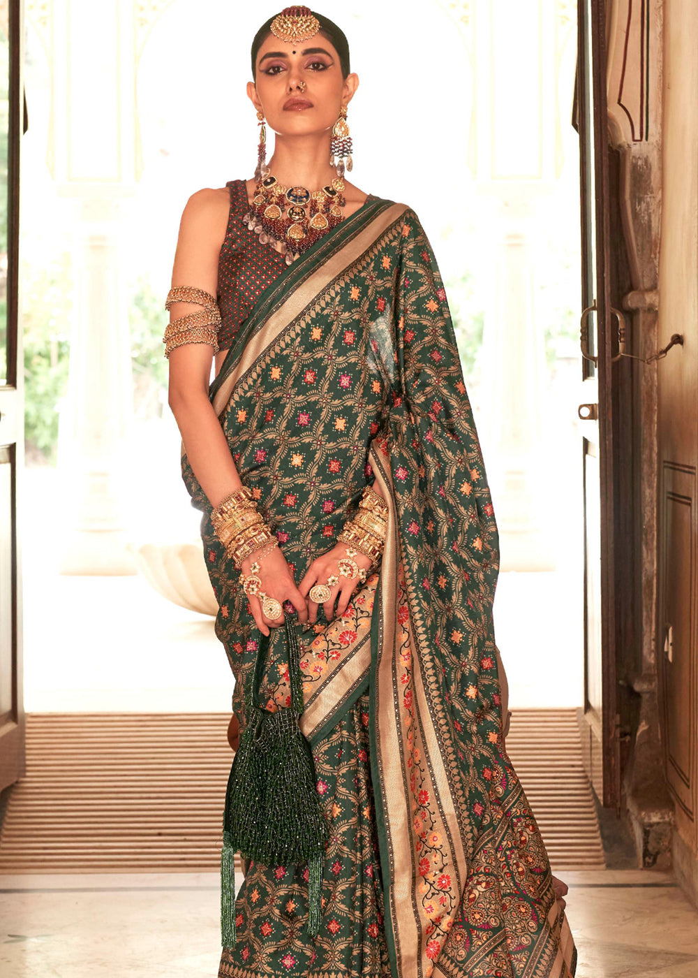 Buy MySilkLove Cabbage Pont Green Printed Soft Silk Saree Online