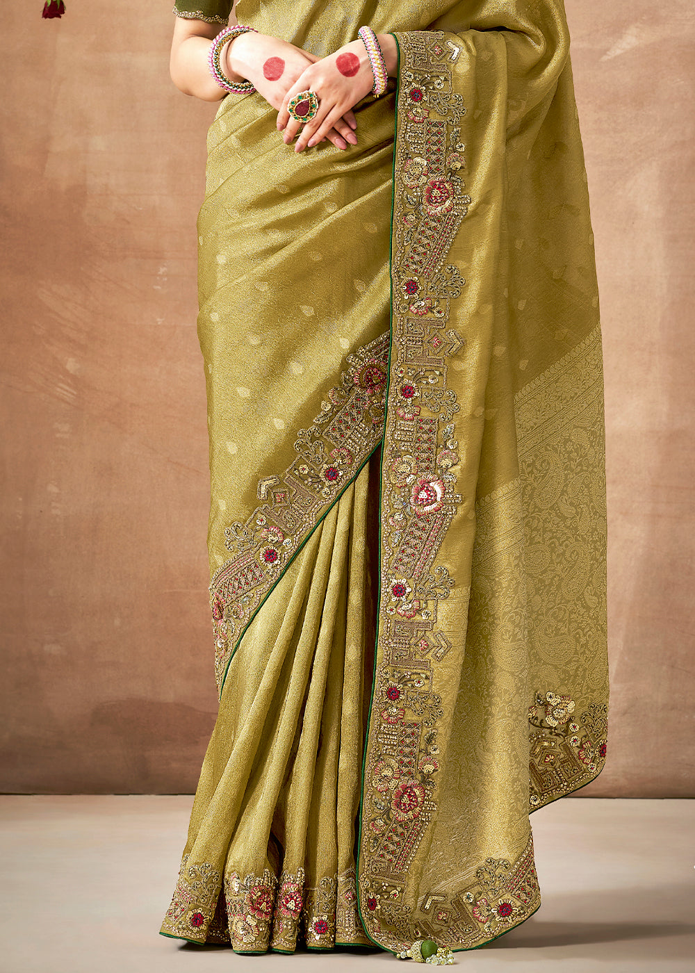 Buy MySilkLove Moss Green  Zari Woven Embroidery Designer Tissue Dola Silk Saree Online