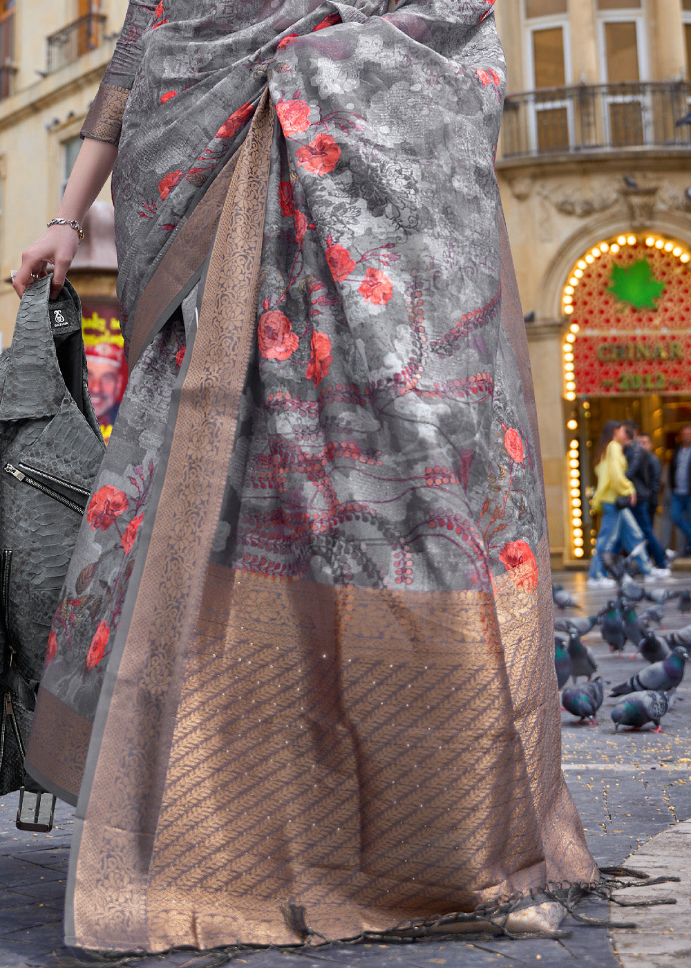 Buy MySilkLove Lava Grey Handloom Poly Brasso Saree Online