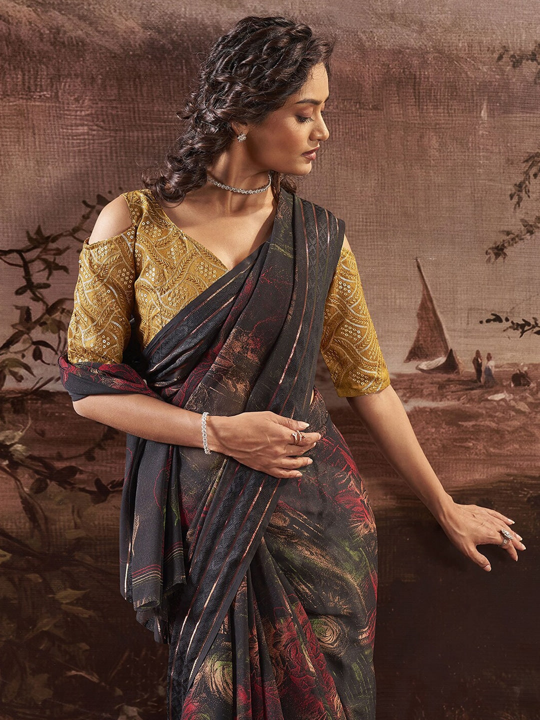 MySilkLove Cocoa Brown Georgette Chiffon Saree With Embroidery Blouse