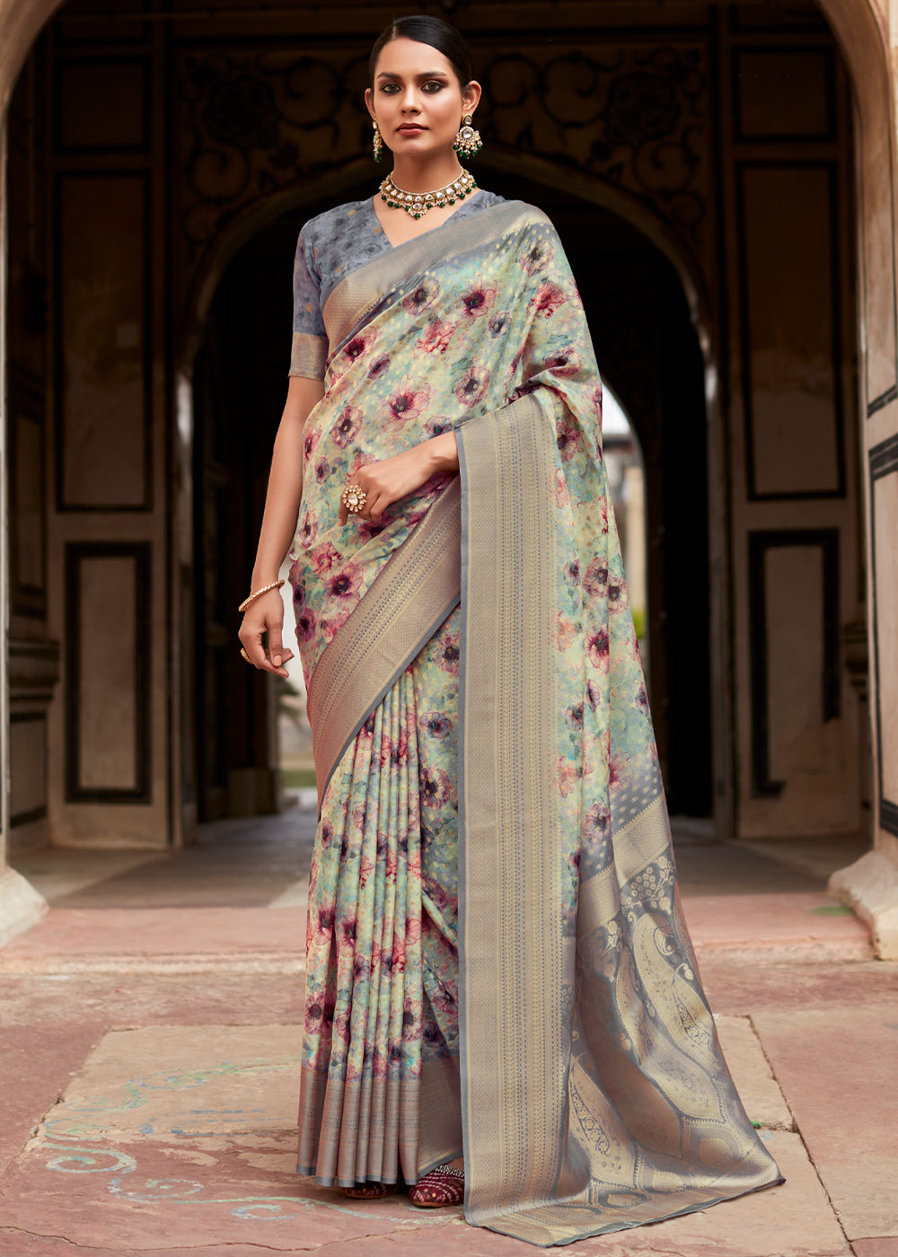 Buy MySilkLove Martini Grey Banarasi Digital Printed Silk Saree Online