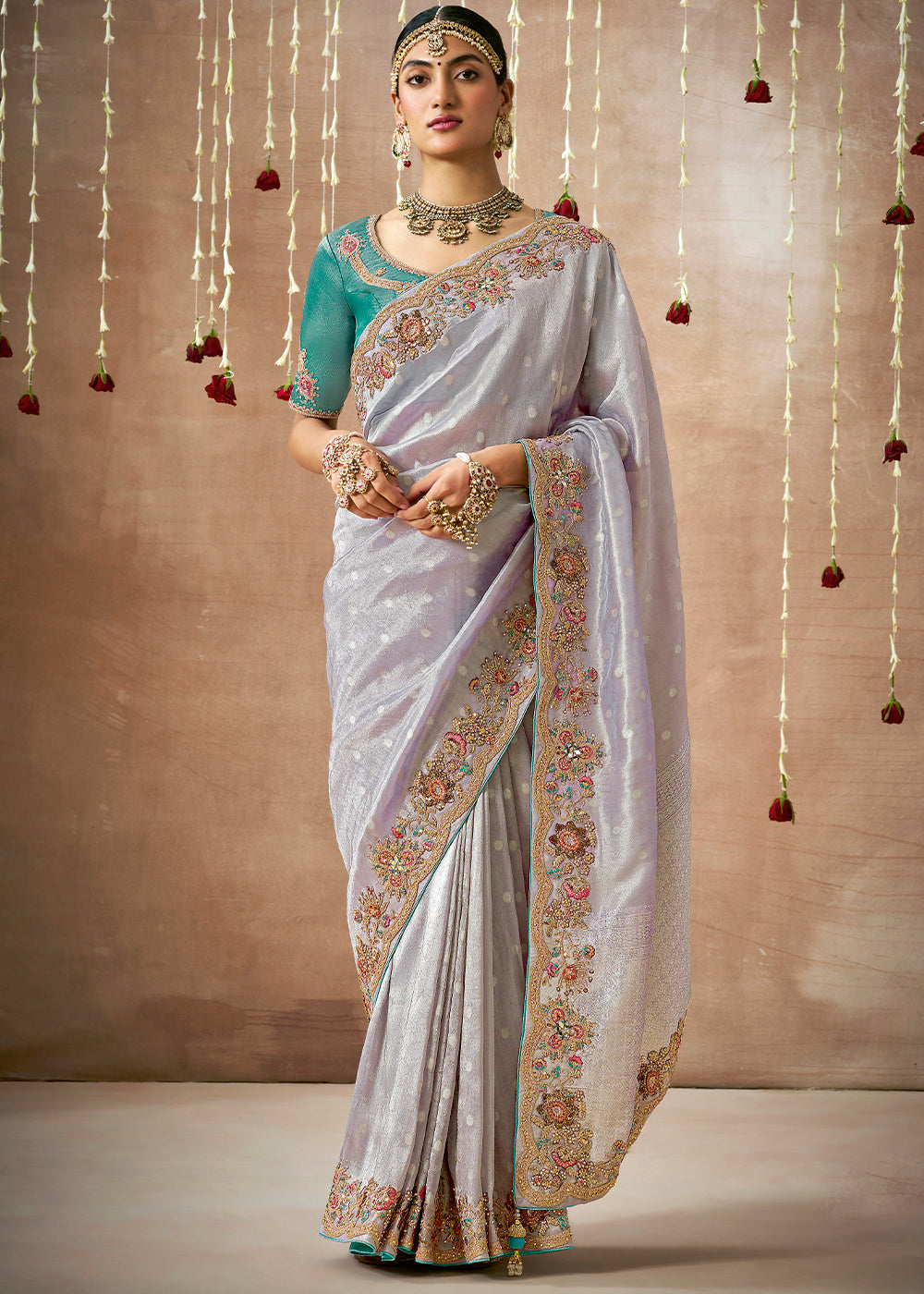 Buy MySilkLove Stone Purple Shade  Zari Woven Embroidery Designer Tissue Dola Silk Saree Online