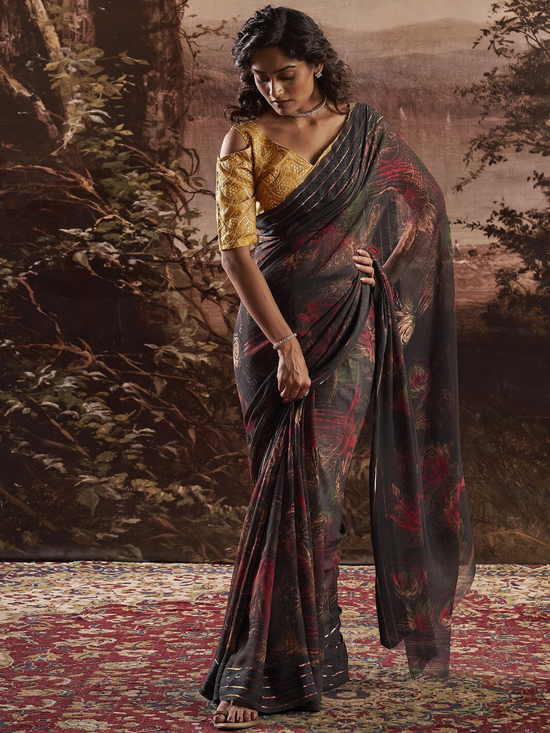 Buy MySilkLove Cocoa Brown Georgette Chiffon Saree With Embroidery Blouse Online