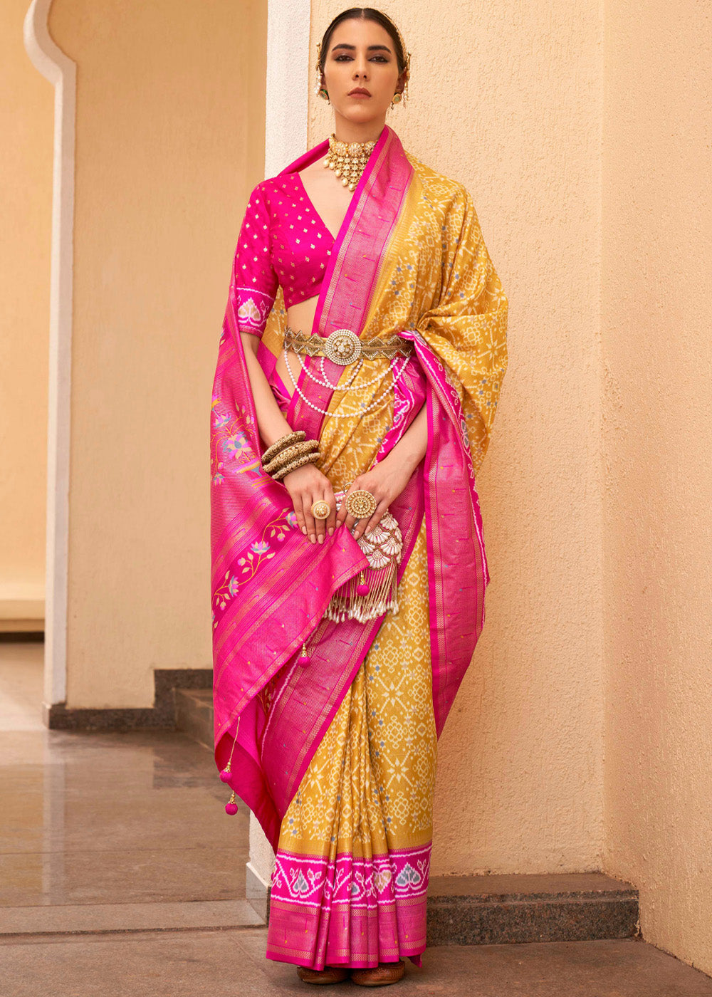MySilkLove Sunglow Yellow and Pink Printed Patola Soft Silk Saree