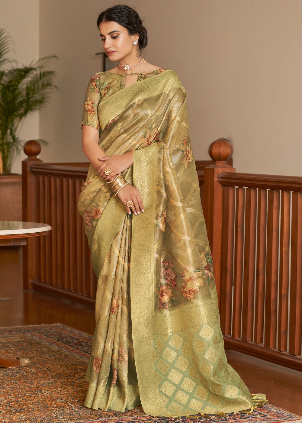 Buy MySilkLove Muddy Waters Green Woven Banarasi Tissue Organza Silk Saree Online