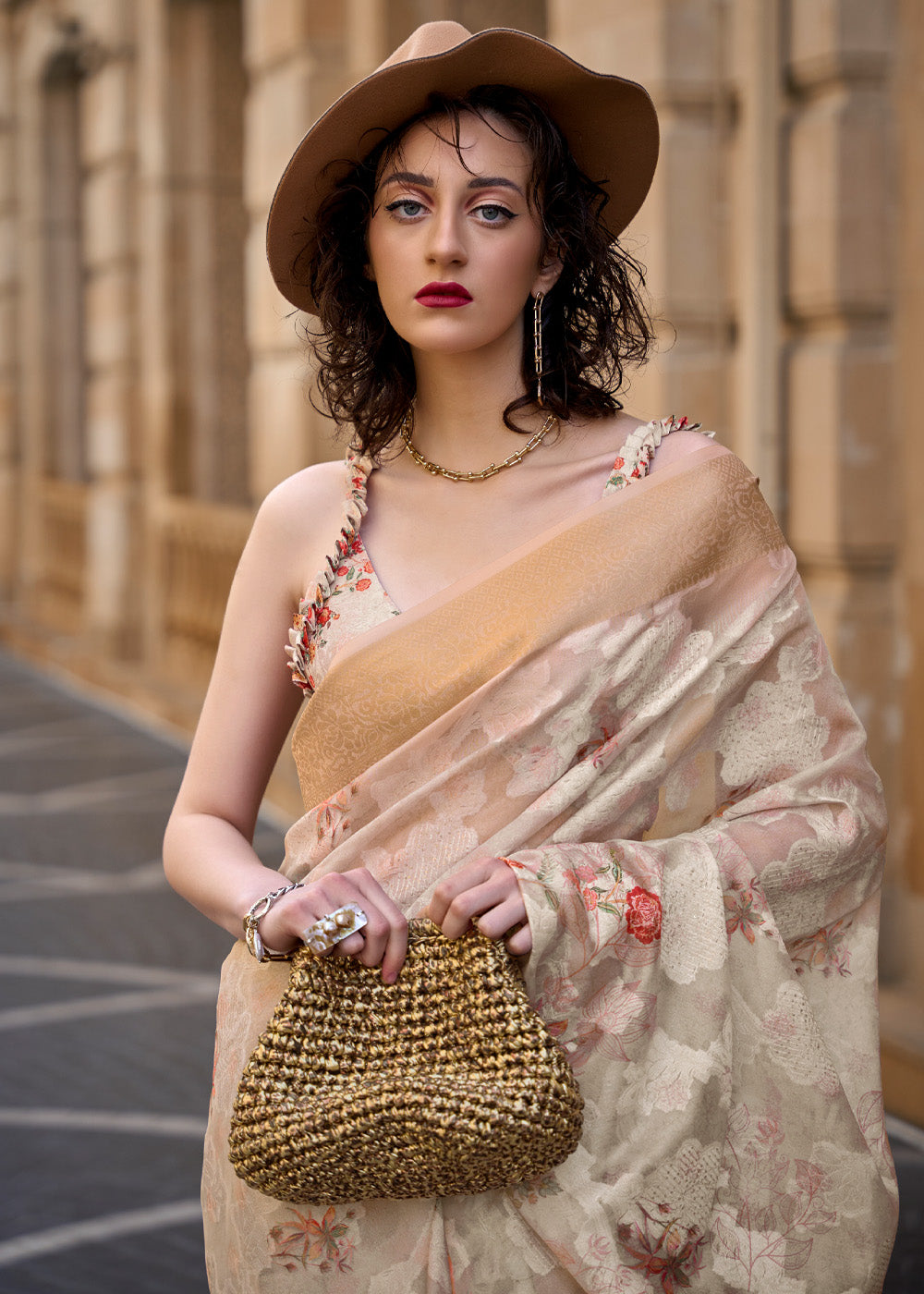 Buy MySilkLove Coffee Cream Handloom Poly Brasso Saree Online