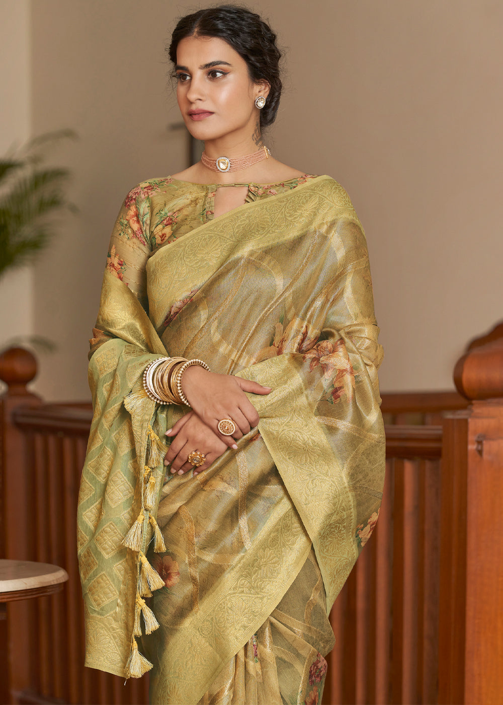 MySilkLove Muddy Waters Green Woven Banarasi Tissue Organza Silk Saree