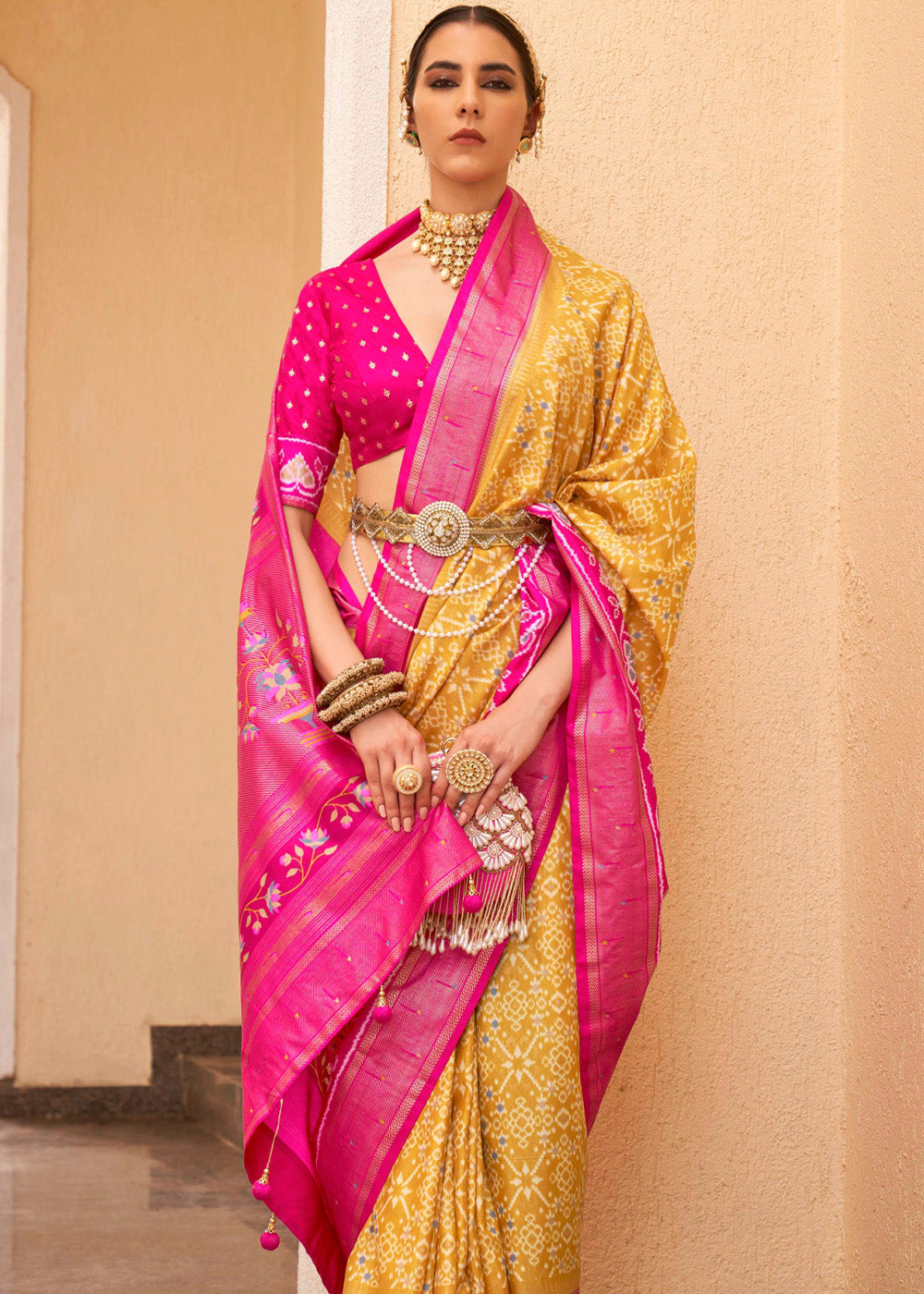 Buy MySilkLove Sunglow Yellow and Pink Printed Patola Soft Silk Saree Online