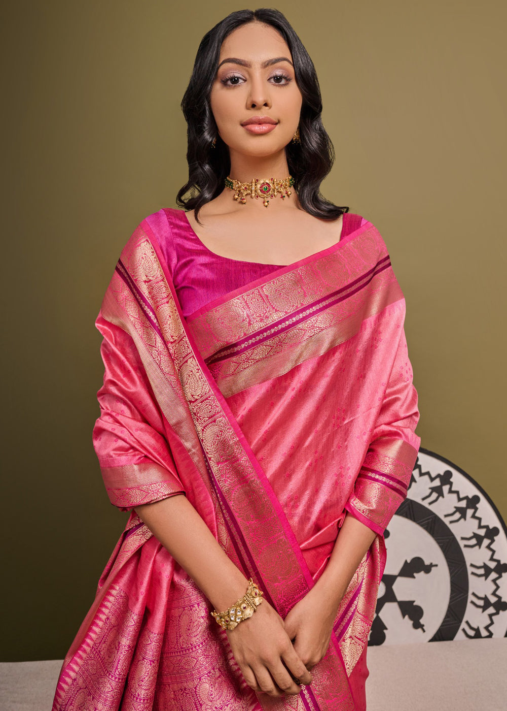 Buy MySilkLove Wild Watermelon Pink Woven Banarasi Soft Silk Saree Online