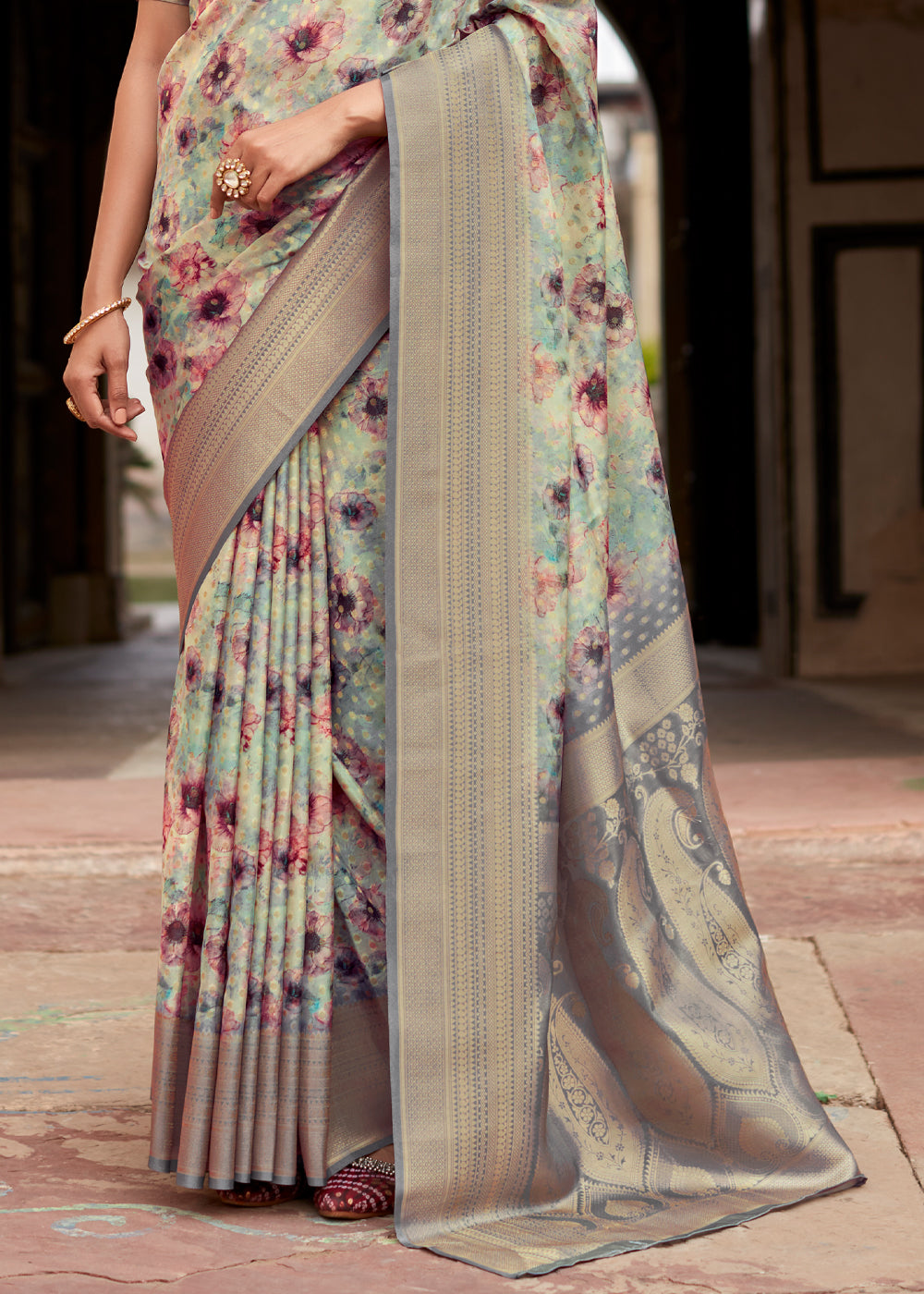 Buy MySilkLove Martini Grey Banarasi Digital Printed Silk Saree Online