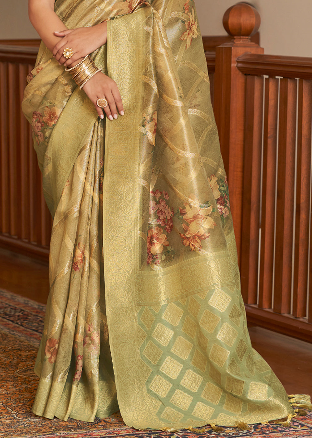 Buy MySilkLove Muddy Waters Green Woven Banarasi Tissue Organza Silk Saree Online