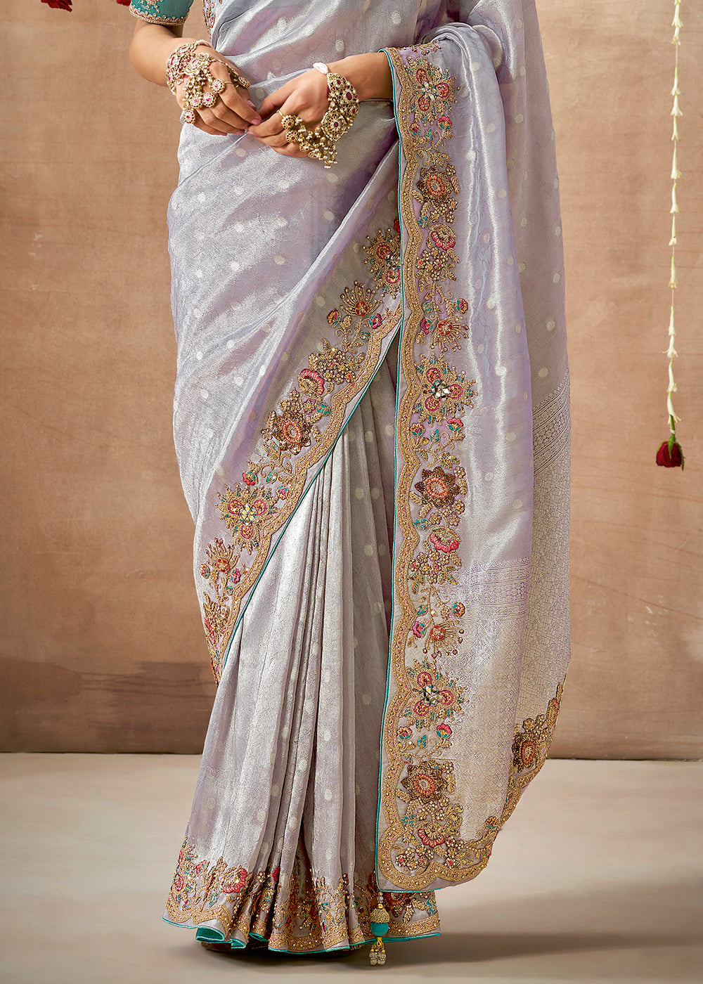 Buy MySilkLove Stone Purple Shade  Zari Woven Embroidery Designer Tissue Dola Silk Saree Online