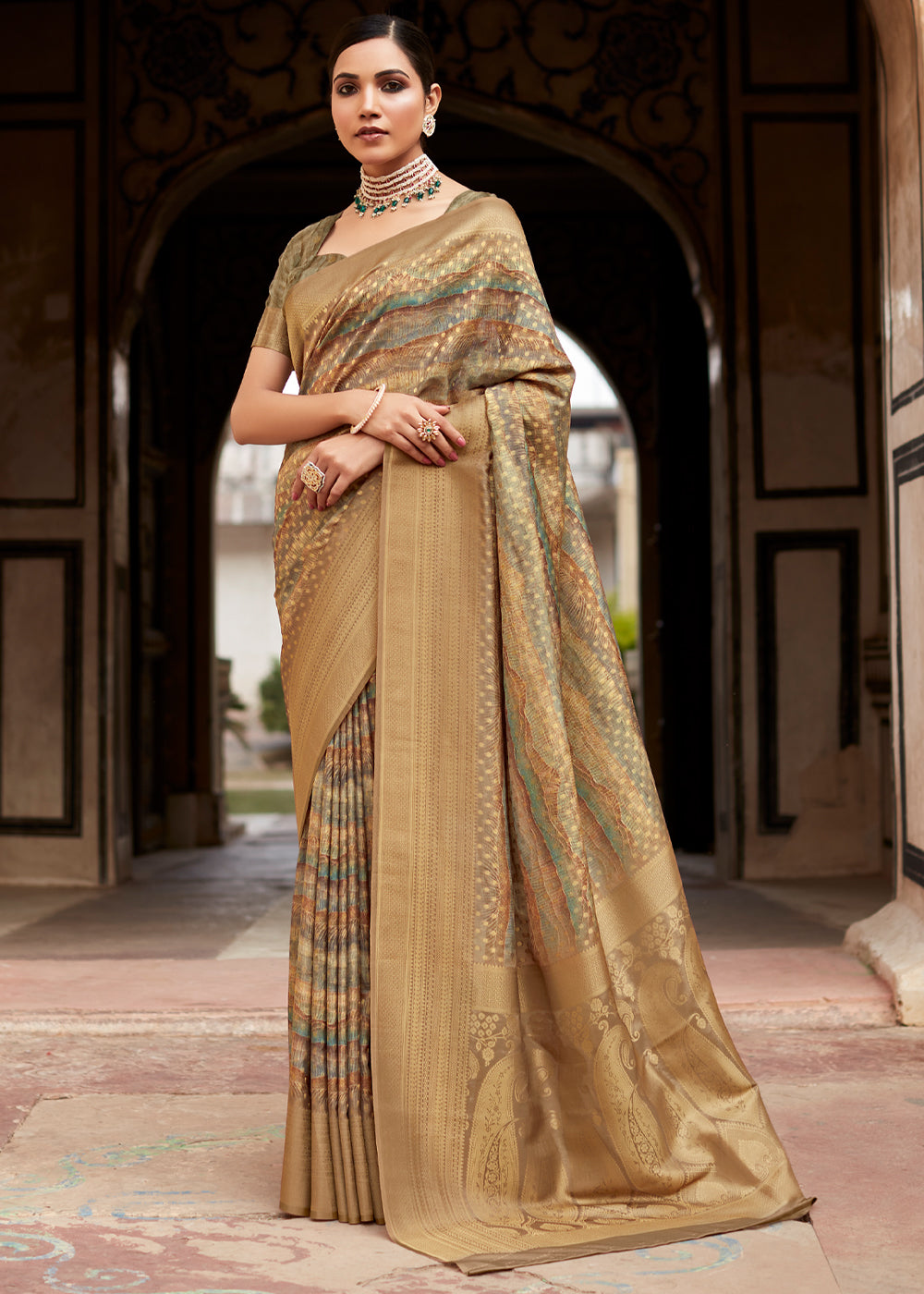 Buy MySilkLove Tan Brown Banarasi Digital Printed Silk Saree Online