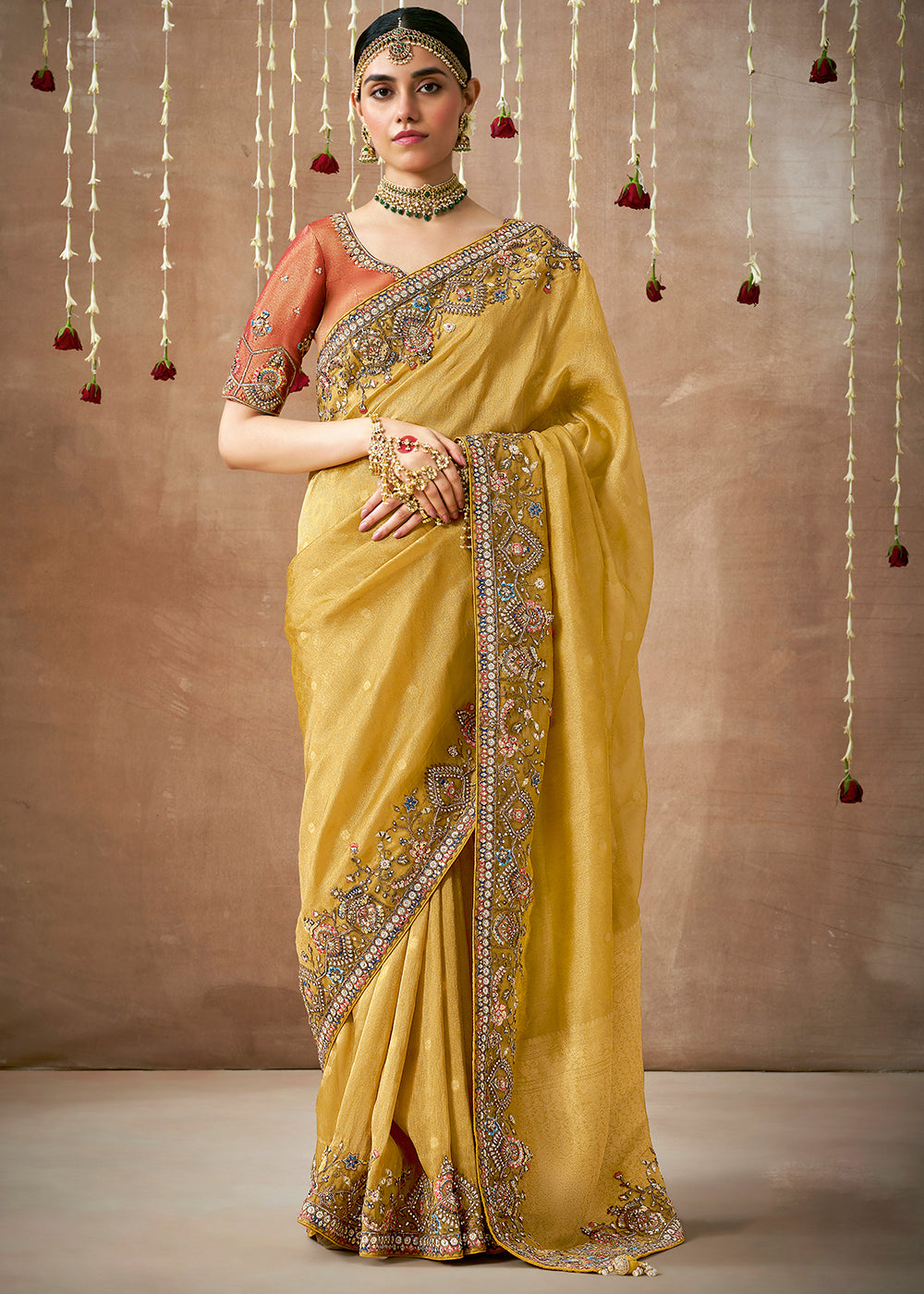 Buy MySilkLove Medallion Yellow  Zari Woven Embroidery Designer Tissue Dola Silk Saree Online