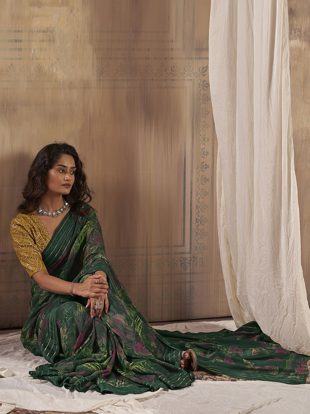 MySilkLove Woodland Green Georgette Chiffon Saree With Embroidery Blouse