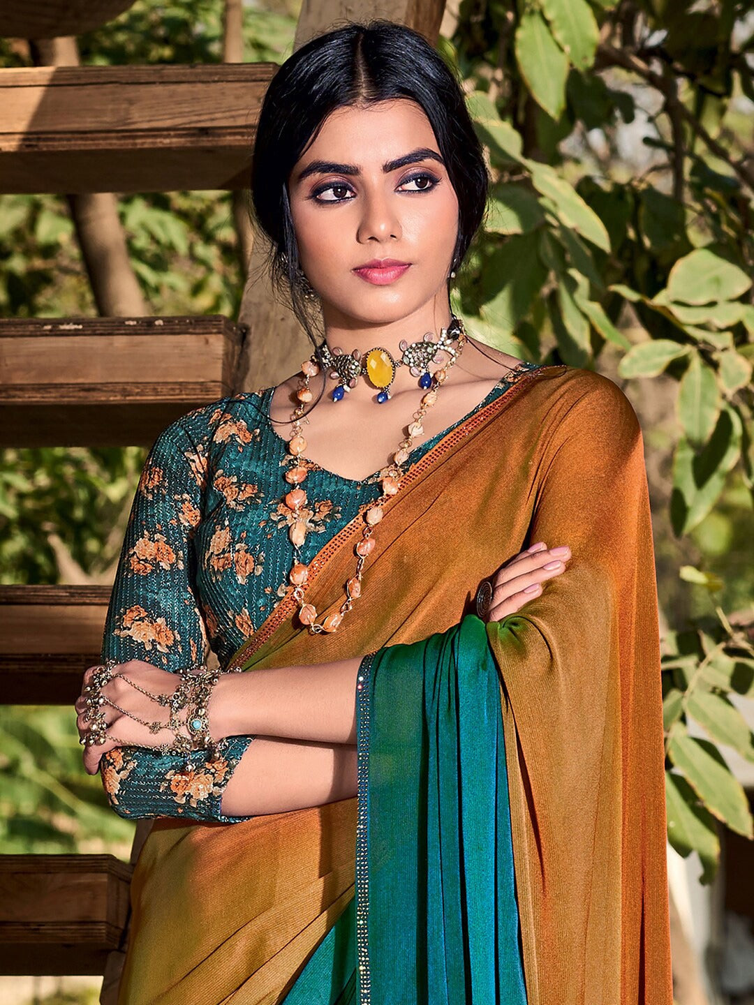 Buy MySilkLove Raw Sienna Yellow and Green Chiffon Saree With Printed Blouse Online