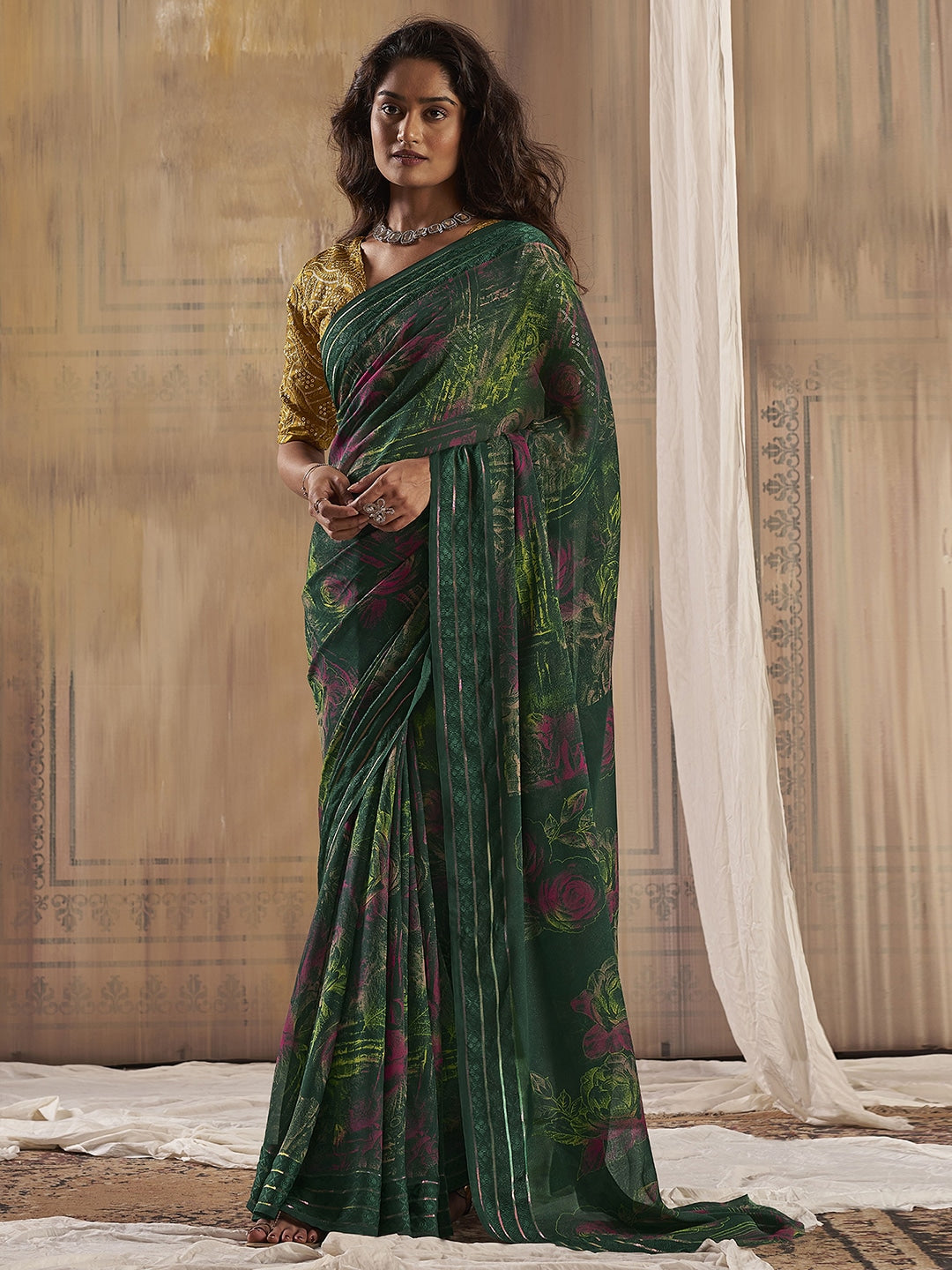 Buy MySilkLove Woodland Green Georgette Chiffon Saree With Embroidery Blouse Online