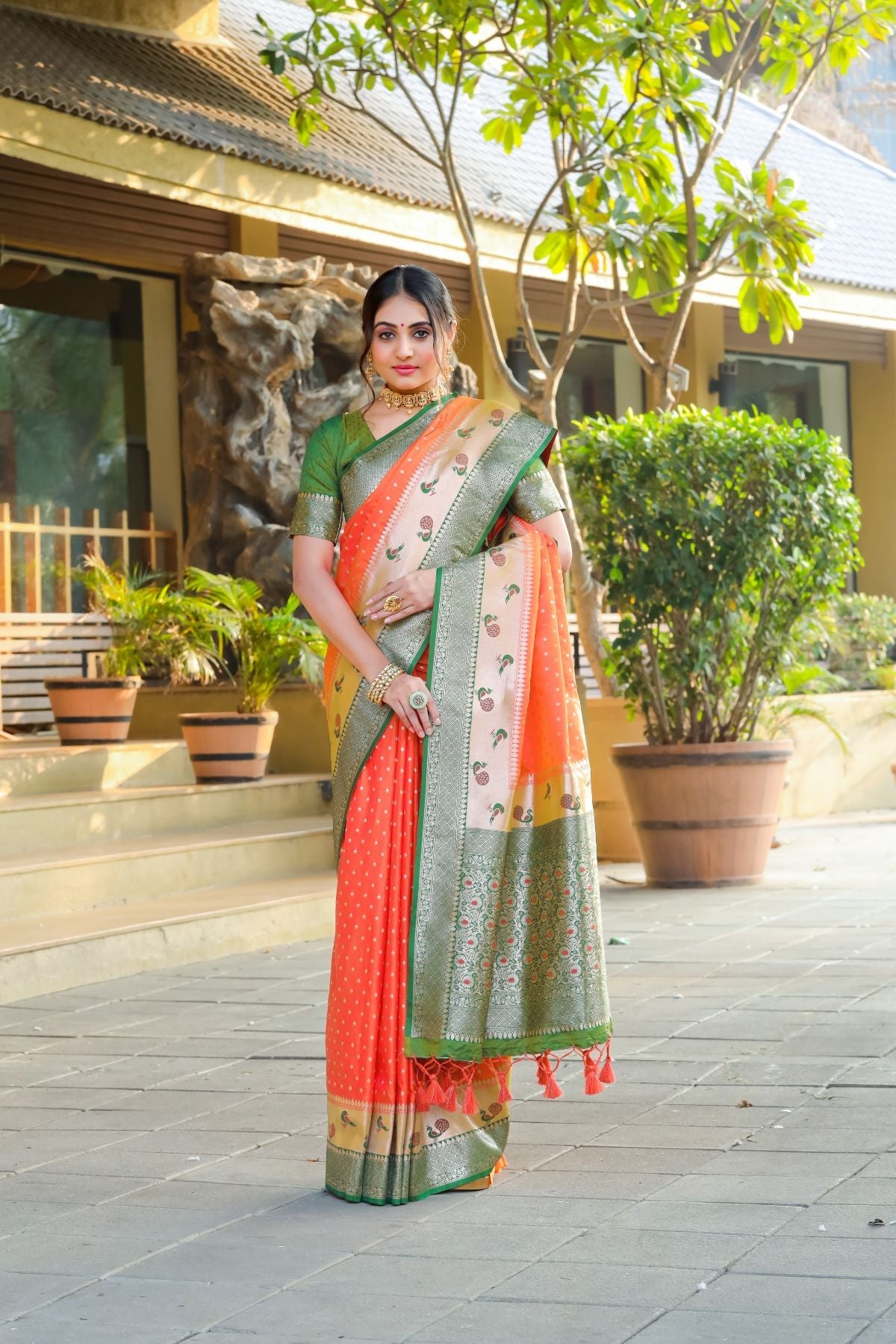 Buy MySilkLove James Orange and Green Banarasi Paithani Silk Saree Online