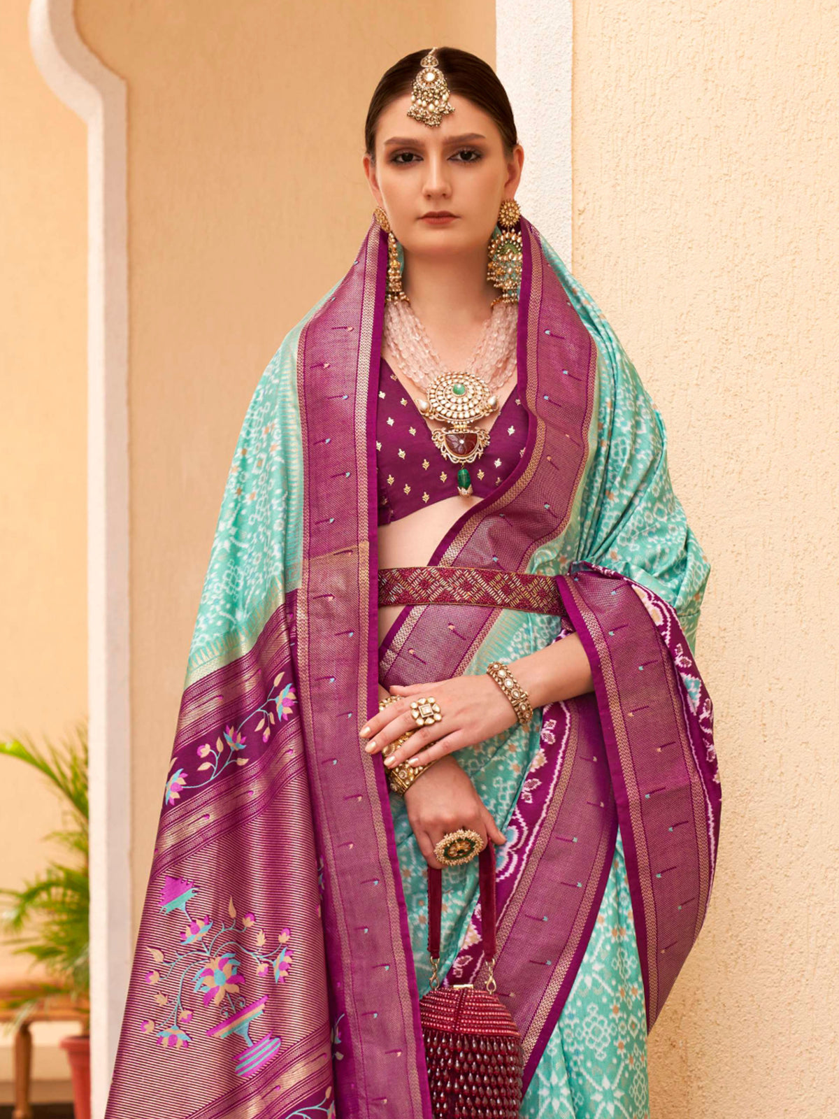 MySilkLove Oxley Green and Purple Printed Patola Soft Silk Saree