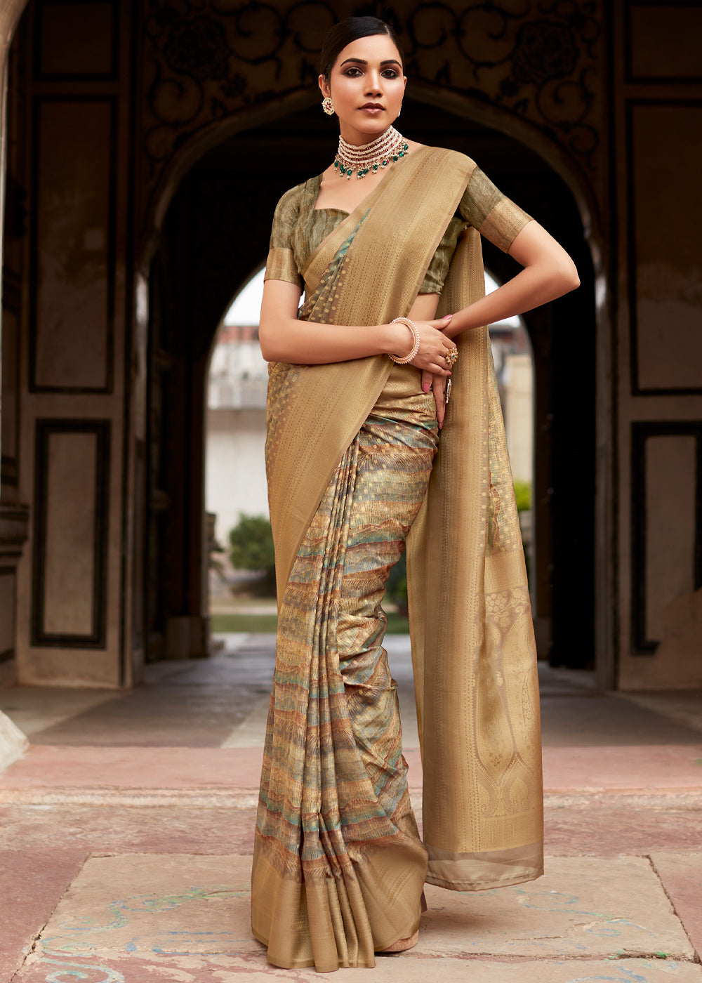 Buy MySilkLove Tan Brown Banarasi Digital Printed Silk Saree Online