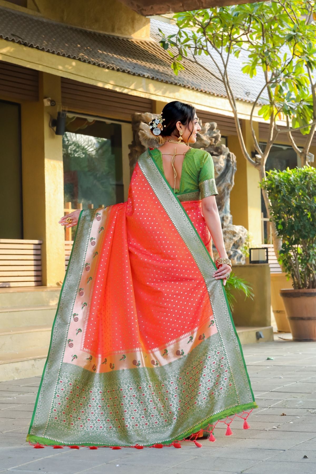 Buy MySilkLove James Orange and Green Banarasi Paithani Silk Saree Online