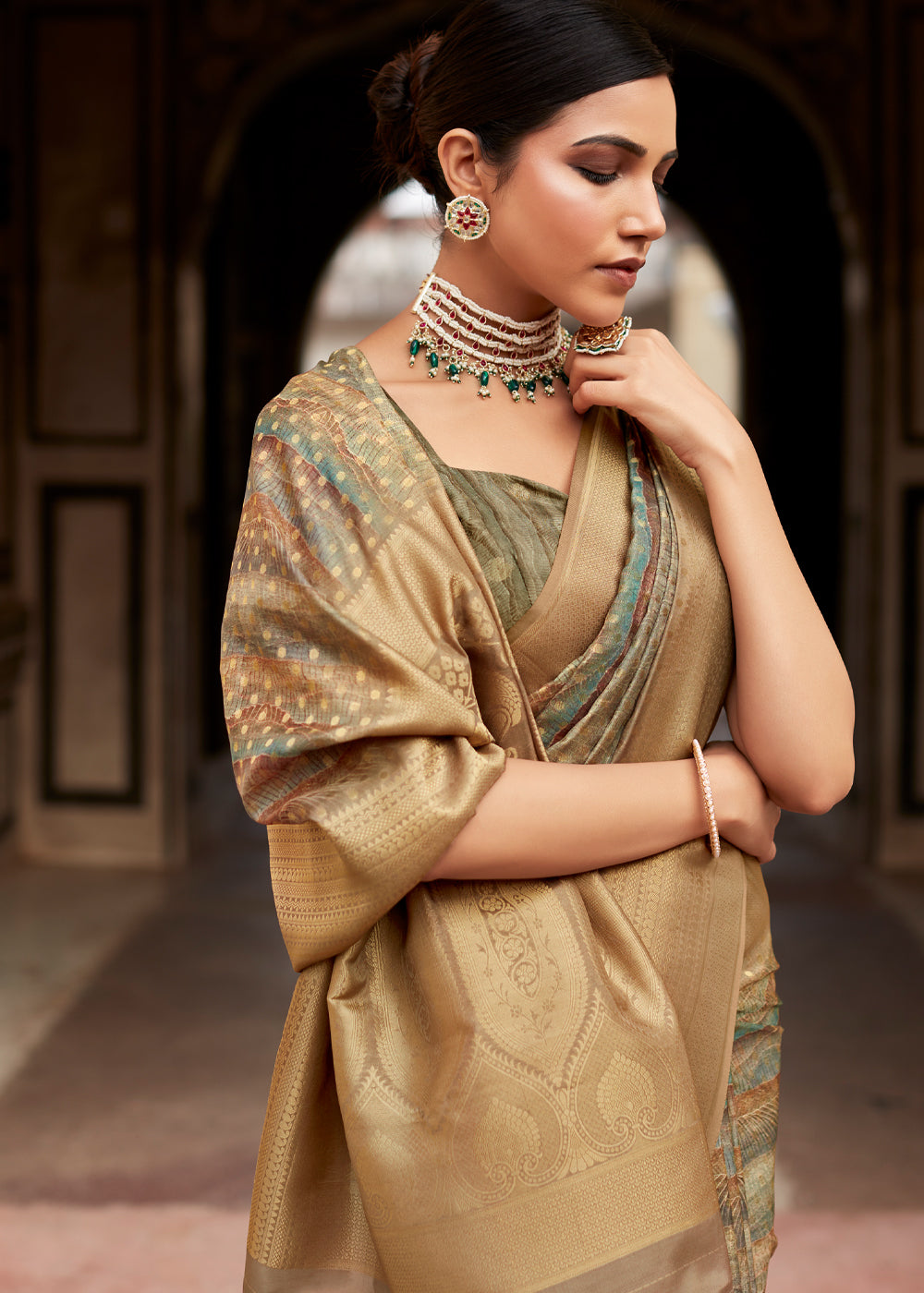 Buy MySilkLove Tan Brown Banarasi Digital Printed Silk Saree Online