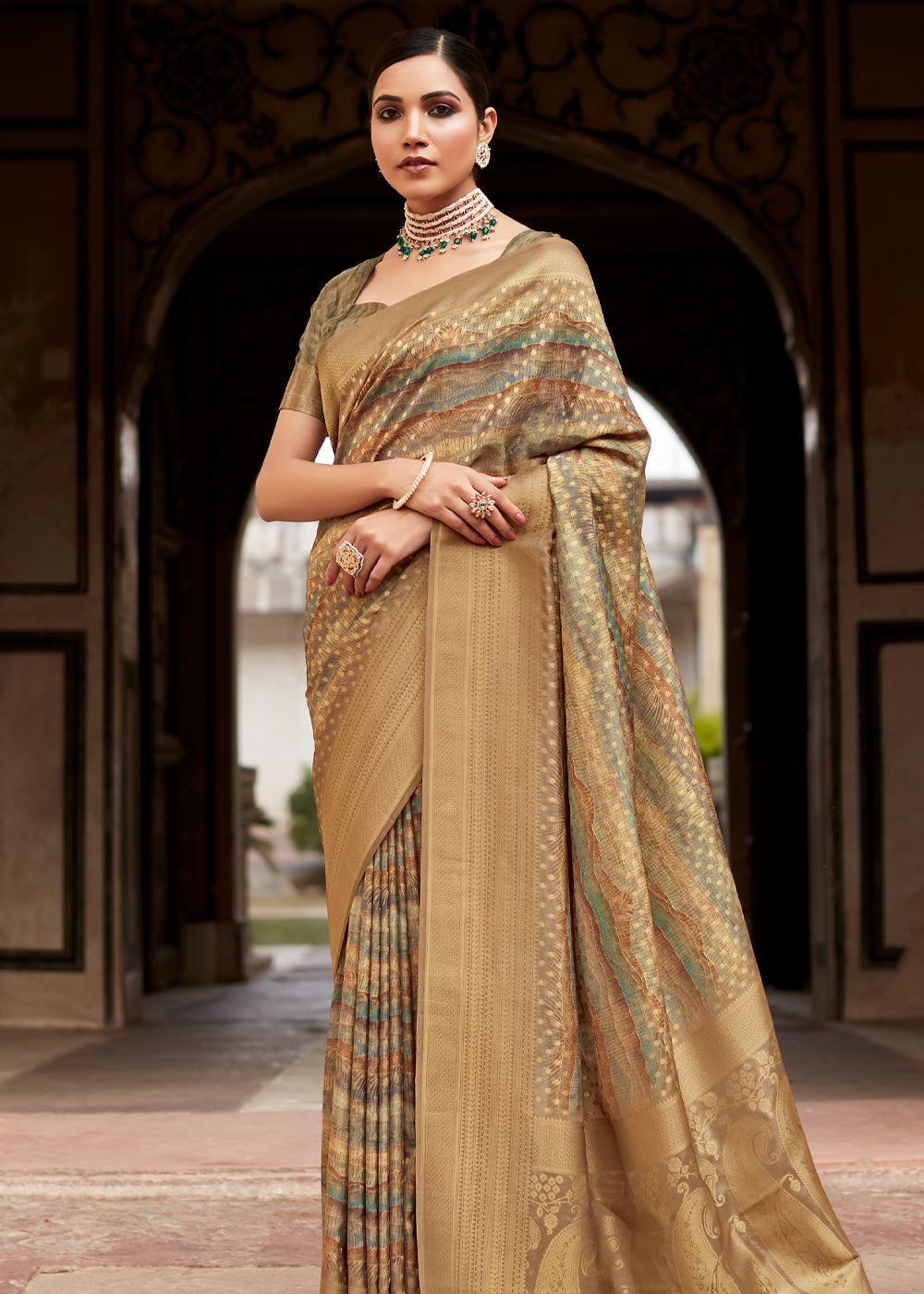 Buy MySilkLove Tan Brown Banarasi Digital Printed Silk Saree Online