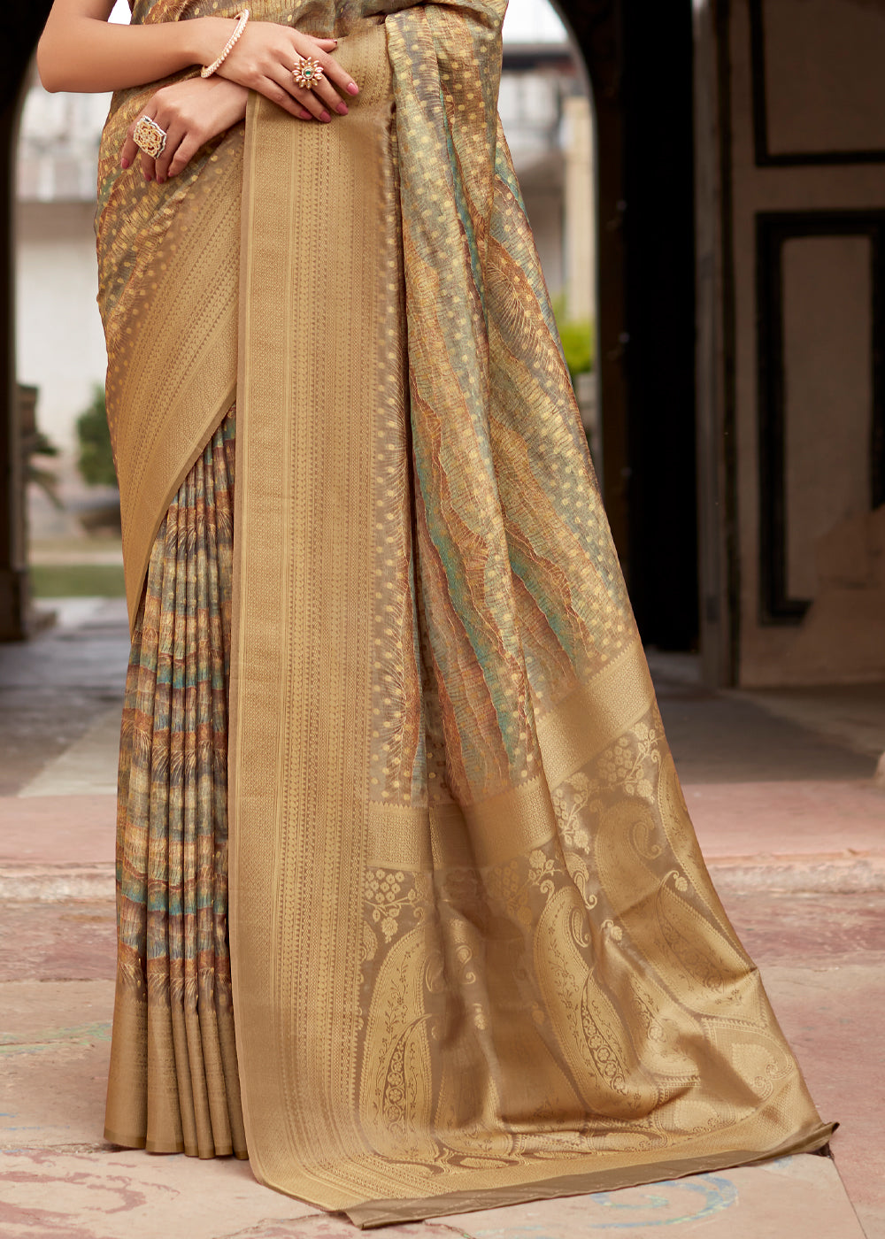 Buy MySilkLove Tan Brown Banarasi Digital Printed Silk Saree Online