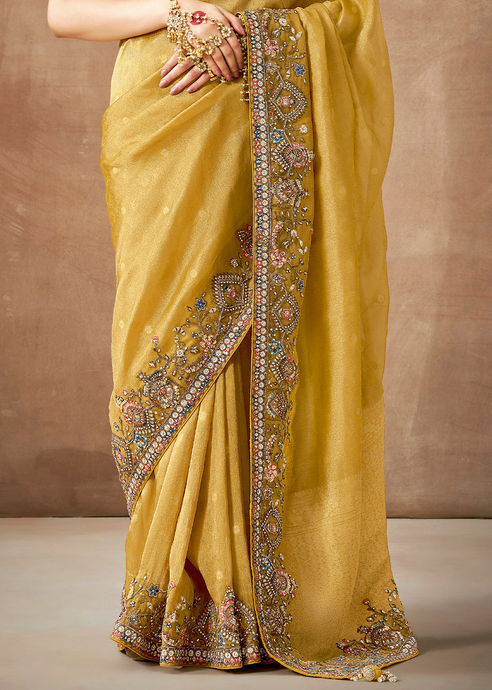 Buy MySilkLove Medallion Yellow  Zari Woven Embroidery Designer Tissue Dola Silk Saree Online