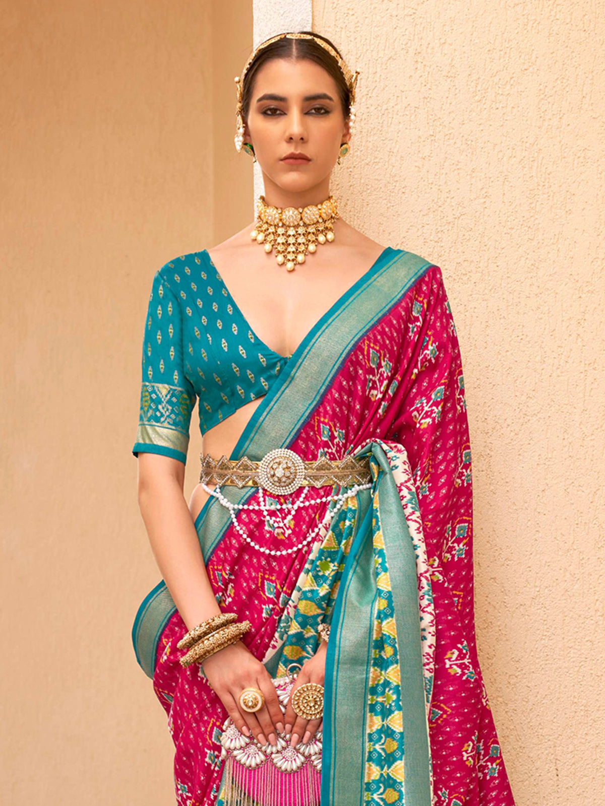 Buy MySilkLove French Rose Pink and Blue Printed Patola Soft Silk Saree Online