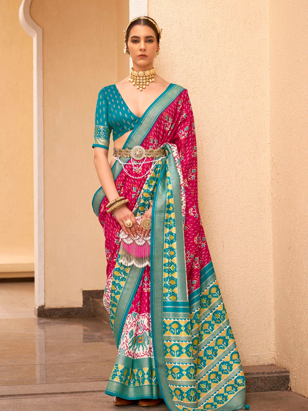 Buy MySilkLove French Rose Pink and Blue Printed Patola Soft Silk Saree Online