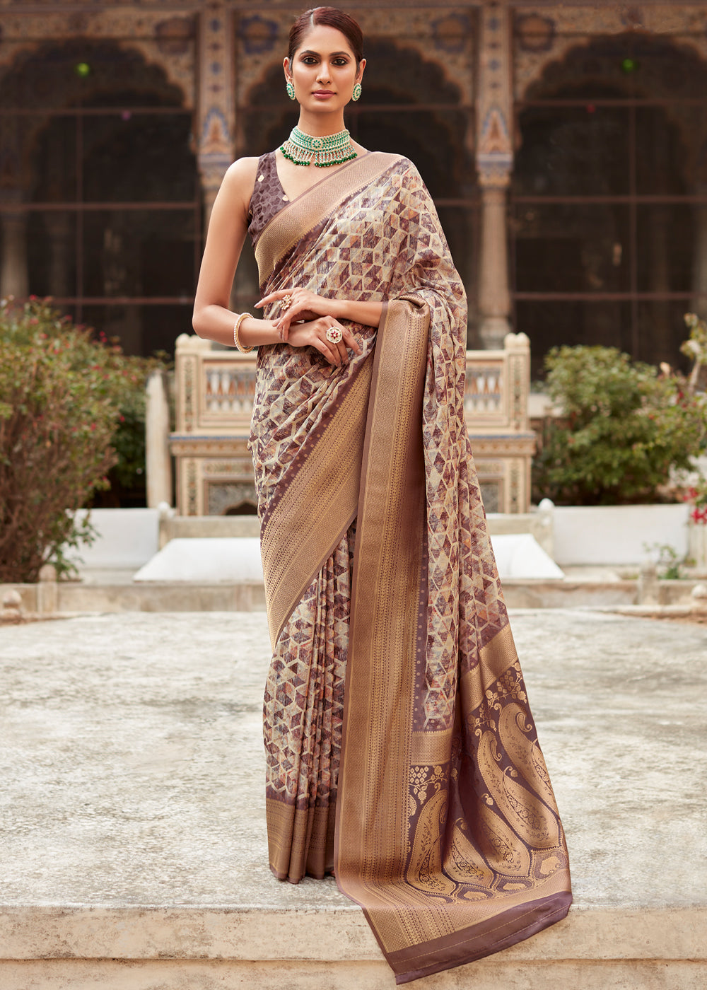 Buy MySilkLove Potters Clay Brown Banarasi Digital Printed Silk Saree Online