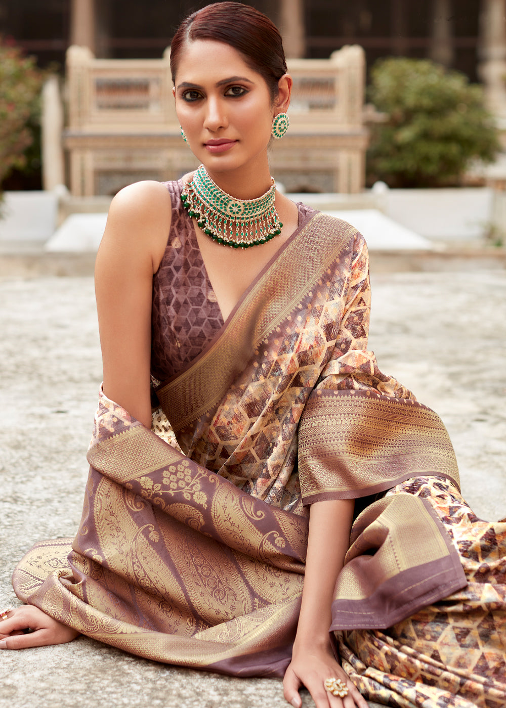 Buy MySilkLove Potters Clay Brown Banarasi Digital Printed Silk Saree Online