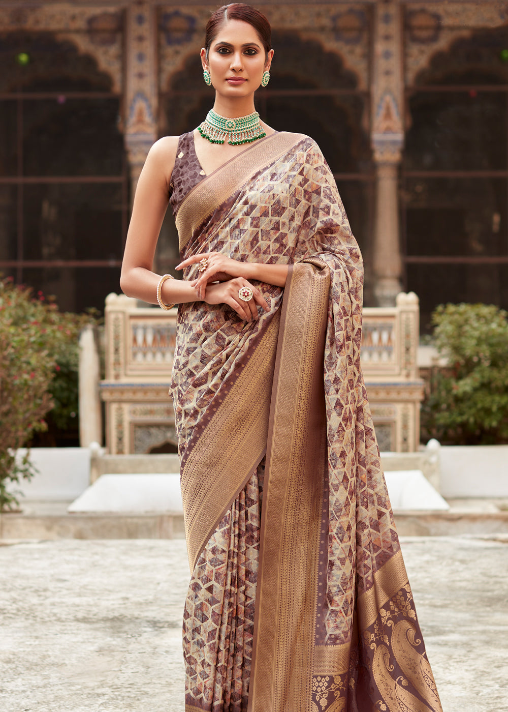 Buy MySilkLove Potters Clay Brown Banarasi Digital Printed Silk Saree Online