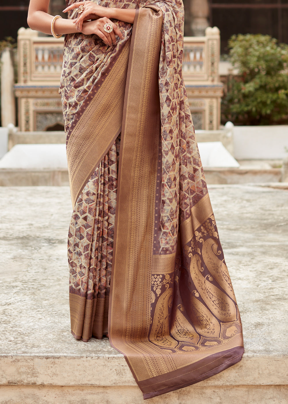 Buy MySilkLove Potters Clay Brown Banarasi Digital Printed Silk Saree Online