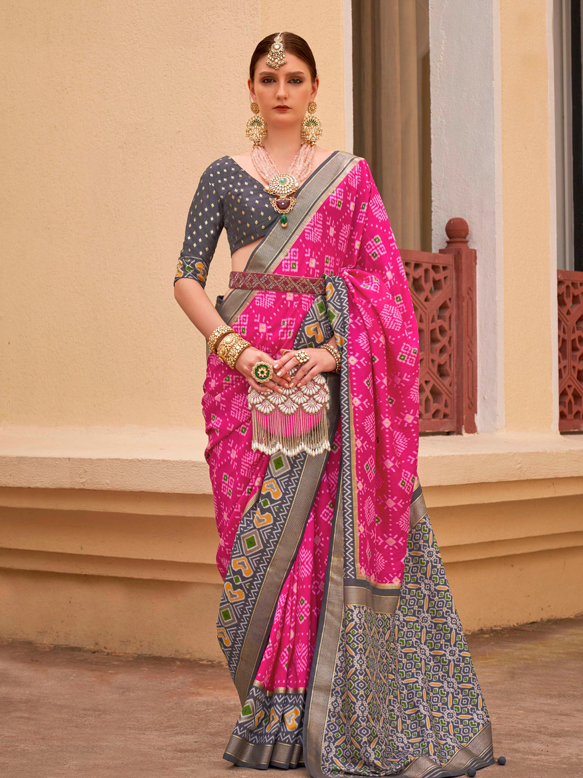 Buy MySilkLove Magenta Pink and Blue Printed Patola Soft Silk Saree Online