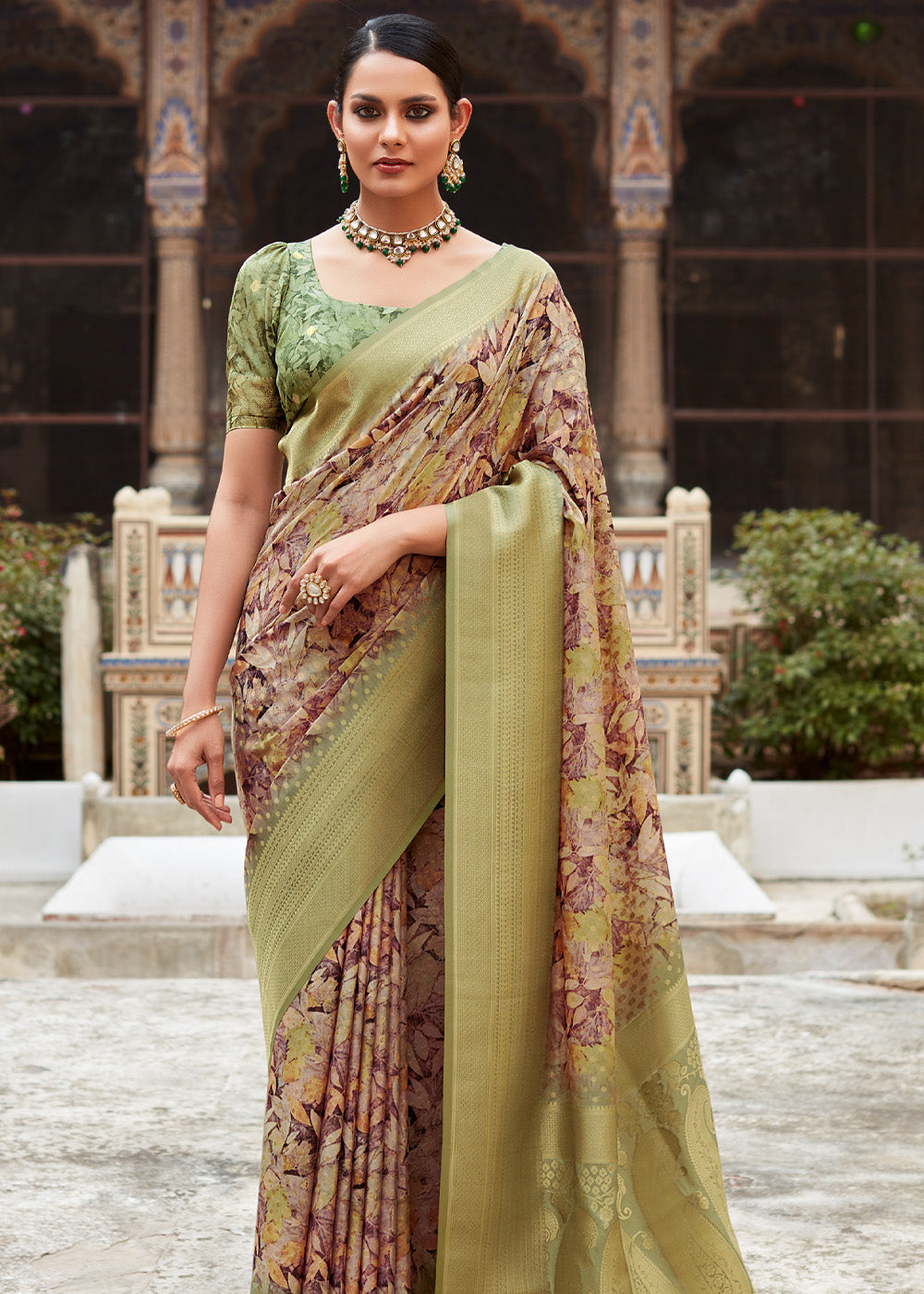 Buy MySilkLove Misty Moss Green Banarasi Digital Printed Silk Saree Online