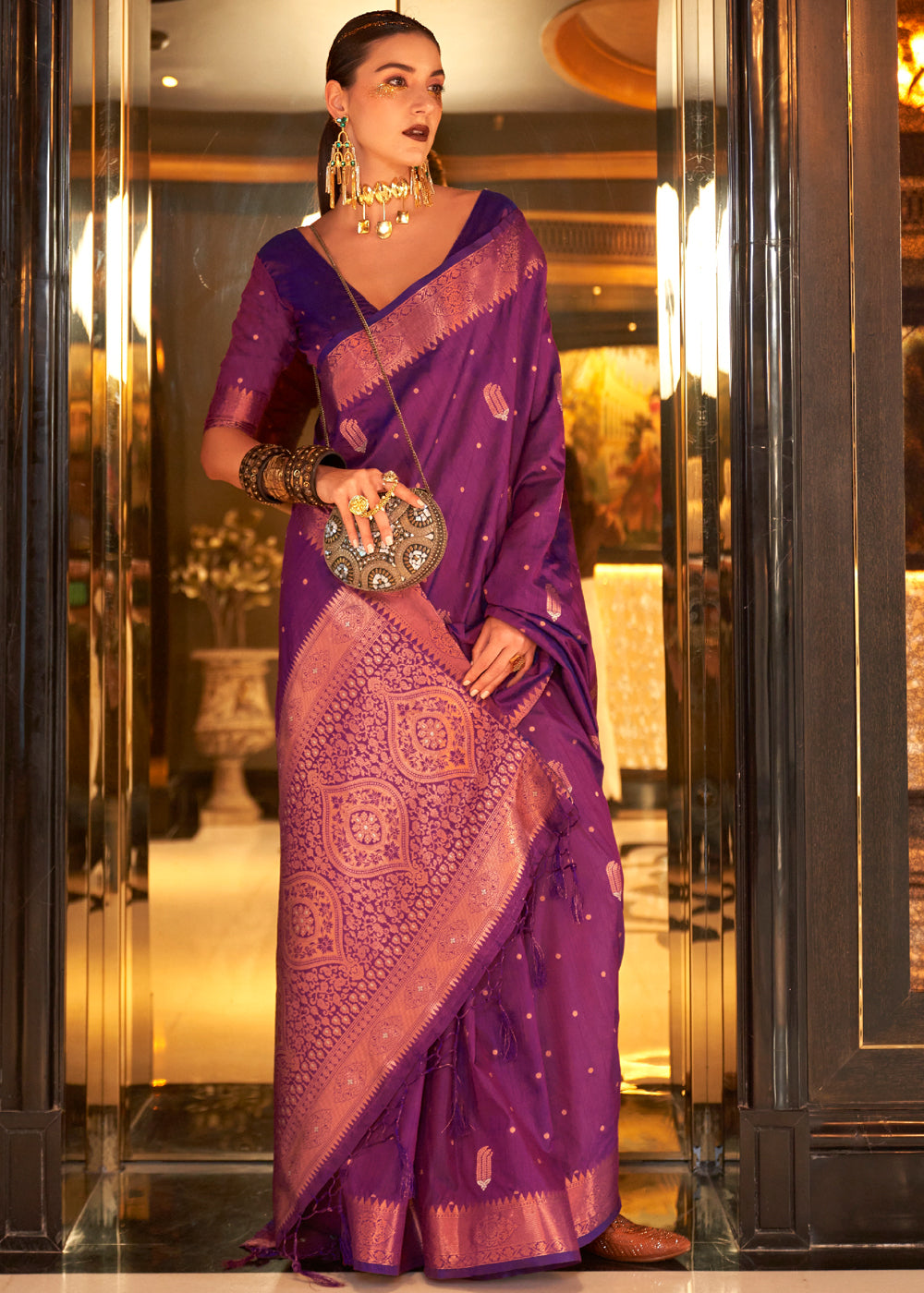 Buy MySilkLove Tawny Port Purple Bronze Zari Woven Tussar Silk Saree Online