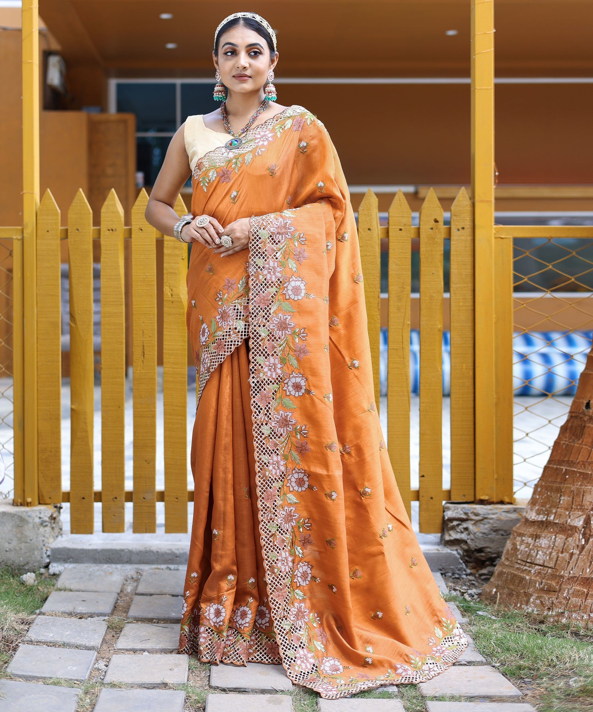 Buy MySilkLove Rajah Orange Embroidered Tussar Silk Saree Online