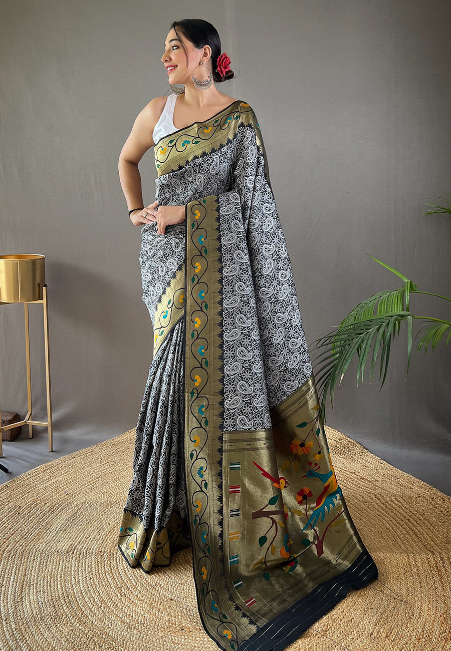 Buy MySilkLove Sirocco Grey Lucknowi Paithani Silk Saree Online