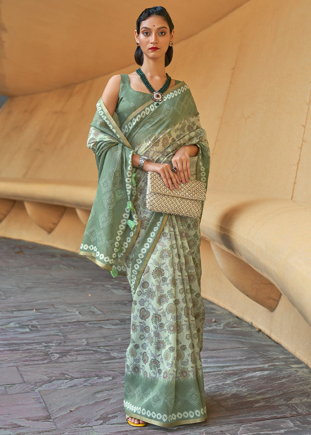 Buy MySilkLove Bitter Green Floral Printed Cotton Saree Online