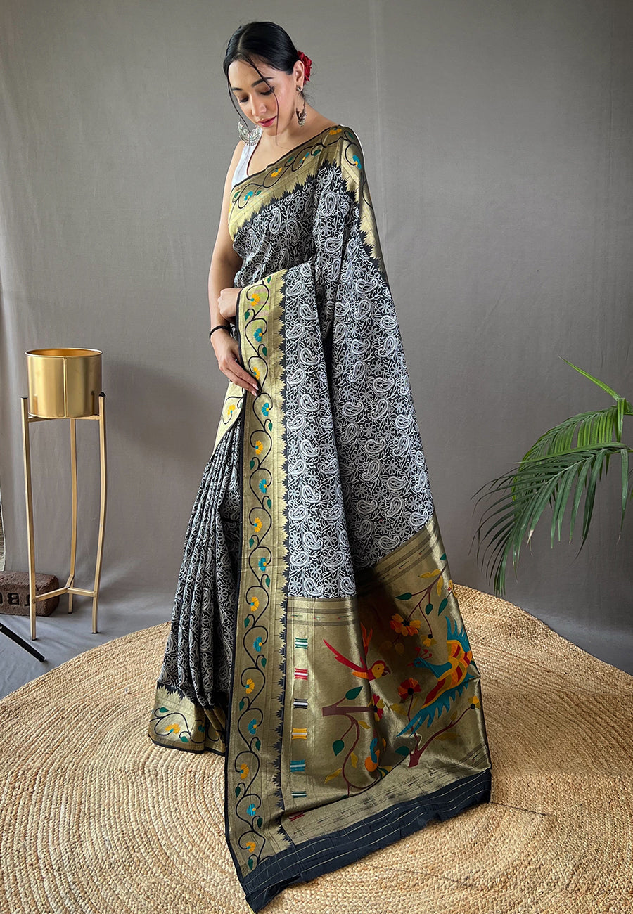 Buy MySilkLove Sirocco Grey Lucknowi Paithani Silk Saree Online