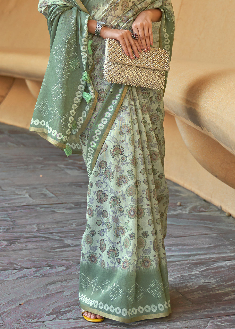 Buy MySilkLove Bitter Green Floral Printed Cotton Saree Online